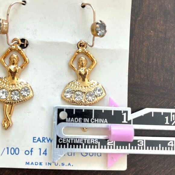VTG 14k Karat Gold Dancing Ballerinas Zircon Earrings For Pierced Ears Made USA - Picture 6 of 7